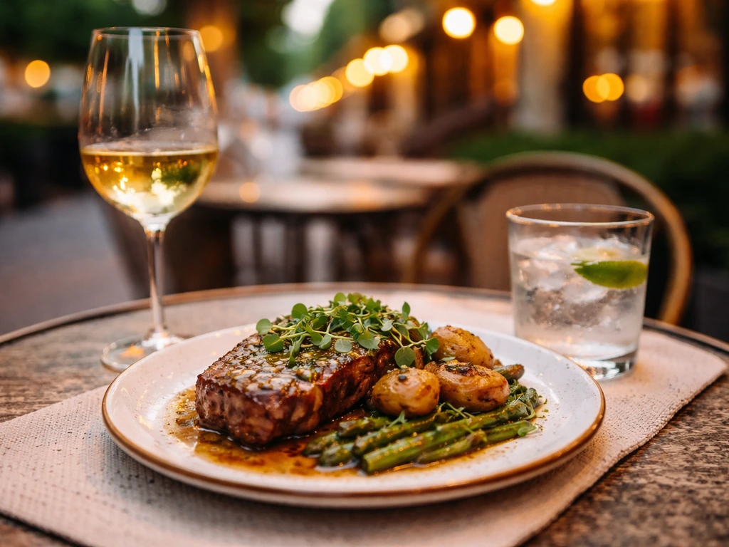 Close-up of a bistro dinner plate and wine on a sidewalk patio table under warm evening light.