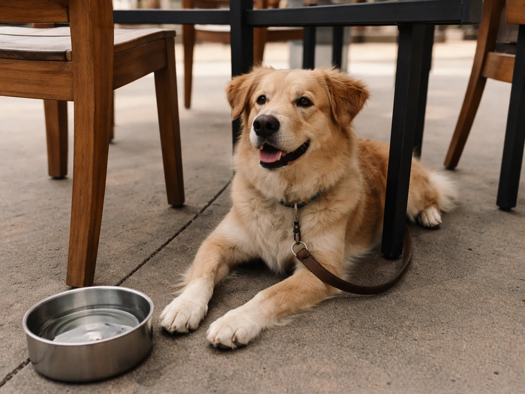 Leashed dog relaxing beside an outdoor patio table with a water bowl at a brewery-style patio.