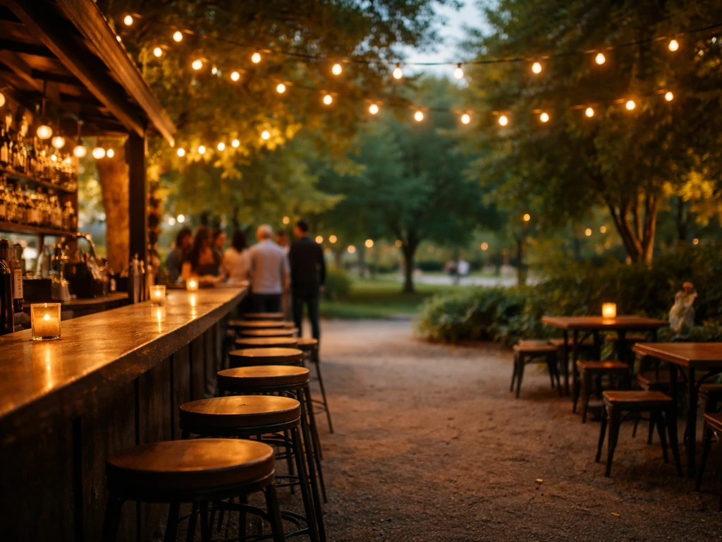 Warm, open-air patio/bar at Thunderbird Station with string lights blending into a park-like area.