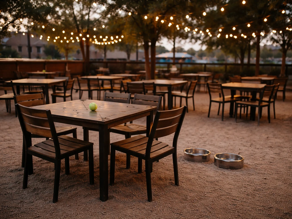 Outdoor dog-friendly patio with stainless water bowls and simple seating under soft lights.