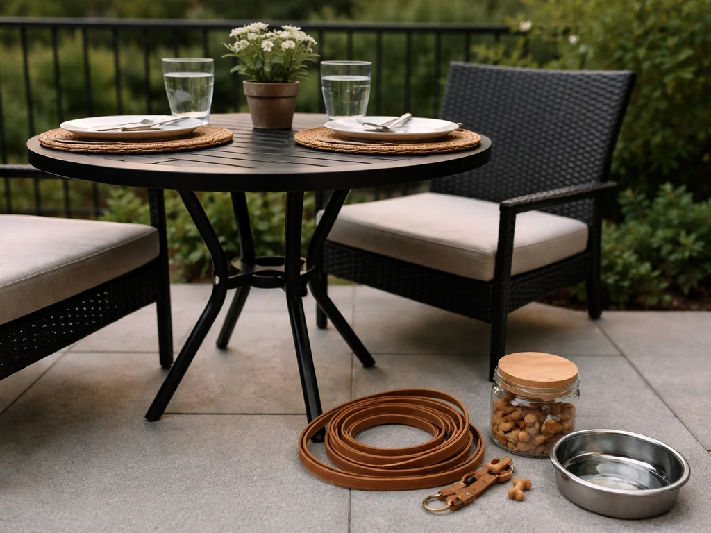 Leash, water bowl, and treats laid out beside a small outdoor dining table on a pet-friendly patio.