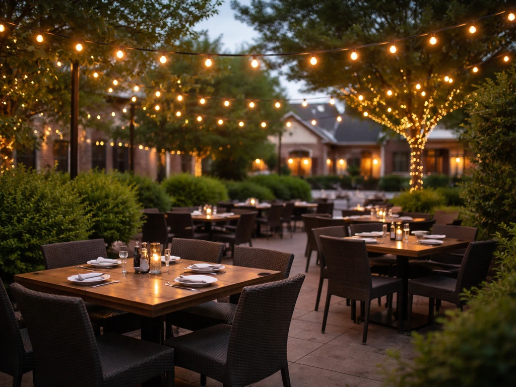 Warm outdoor patio dining area in Overland Park with greenery and inviting table settings at dusk