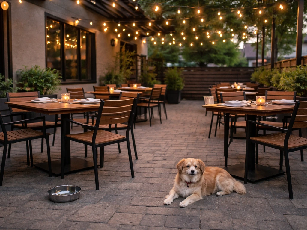 Warmly lit dog-friendly patio with wooden tables and a small dog resting nearby.