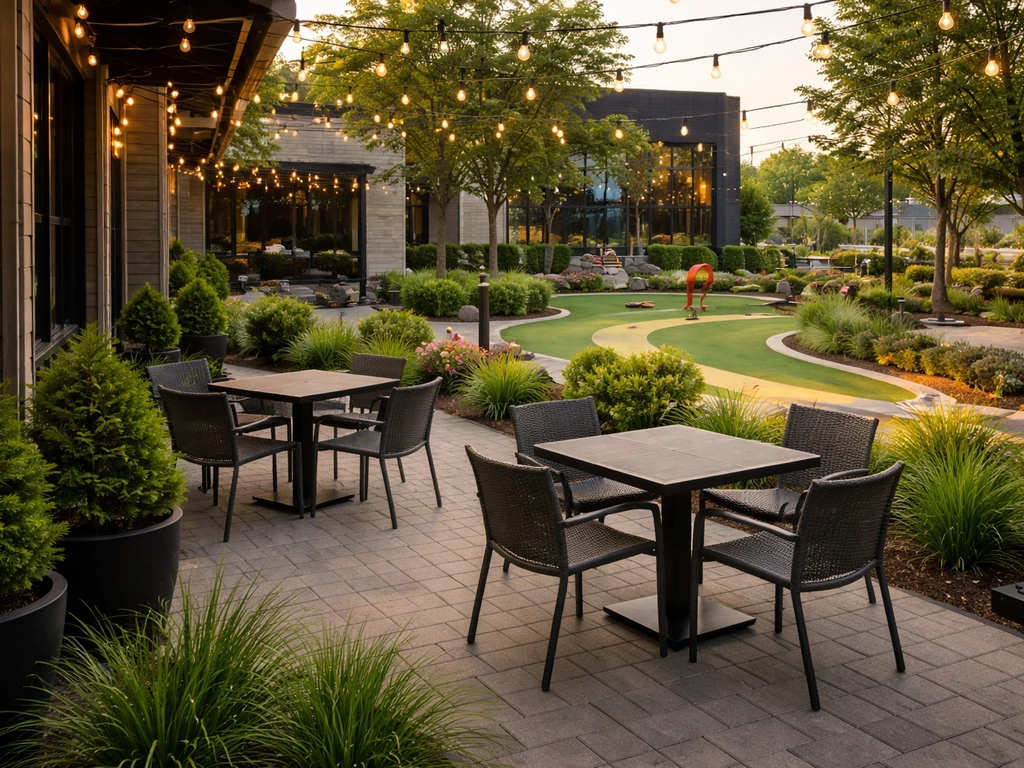Outdoor patio seating beside a mini golf course at a modern indoor/outdoor entertainment complex