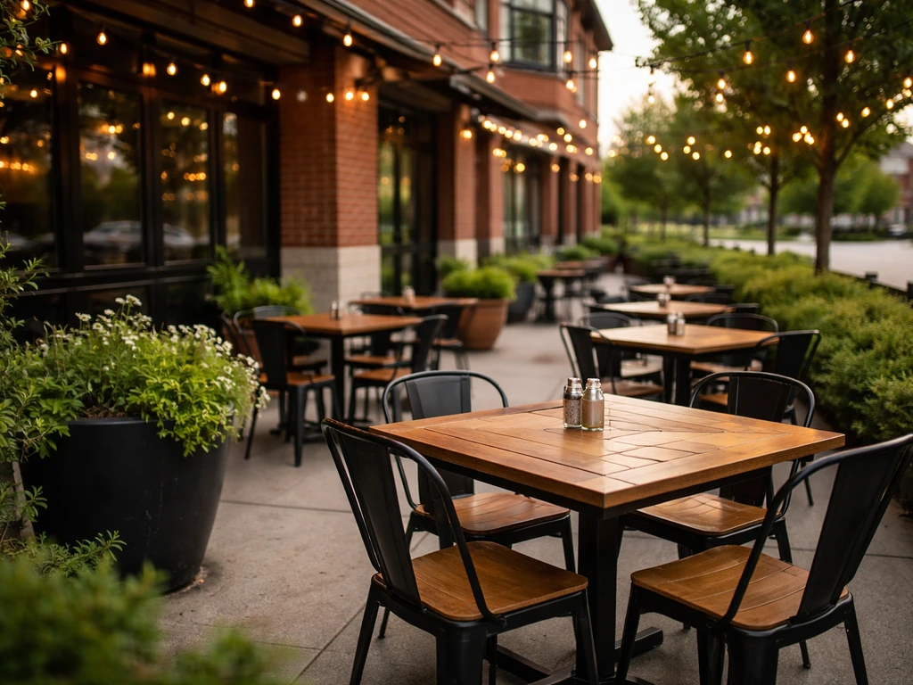 Classic American restaurant patio at Tavern at Mission Farms with cozy tables and warm evening lighting