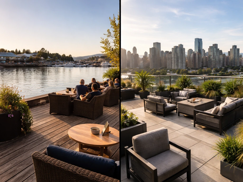 Split scene of a Vancouver waterfront patio and a rooftop patio with skyline views at golden hour.