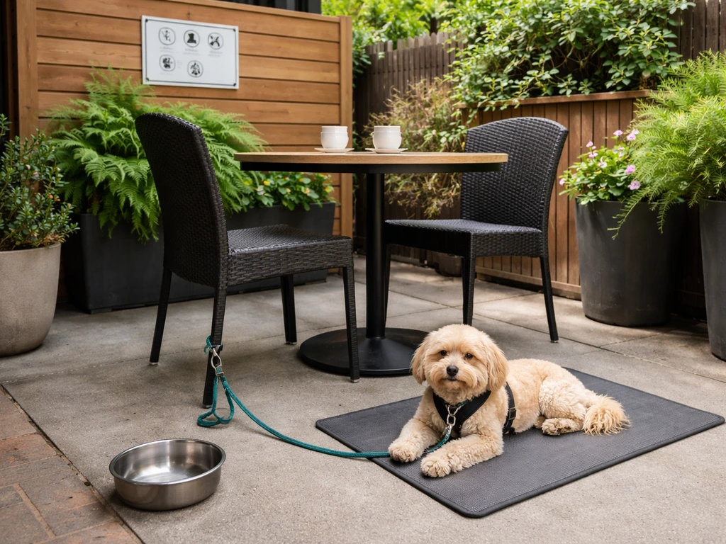Small dog resting on a patio mat near a water bowl and a secured leash, with pet-friendly rule signage visible.