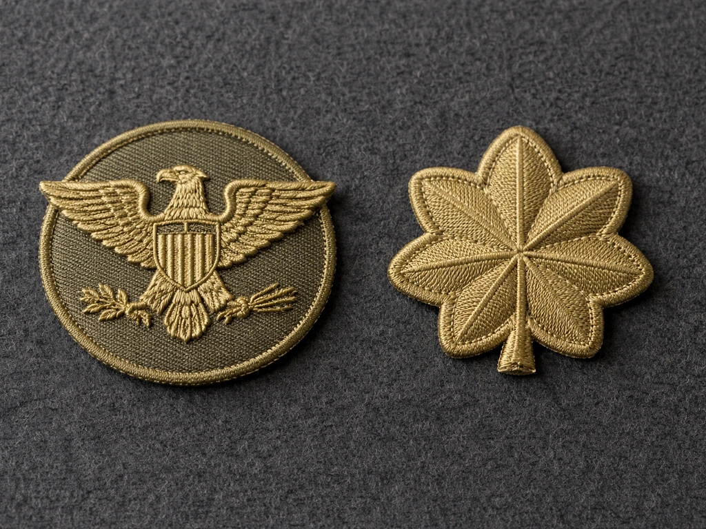 Side-by-side U.S. Army-style insignia: full bird colonel eagle patch and lieutenant colonel oak leaf patch