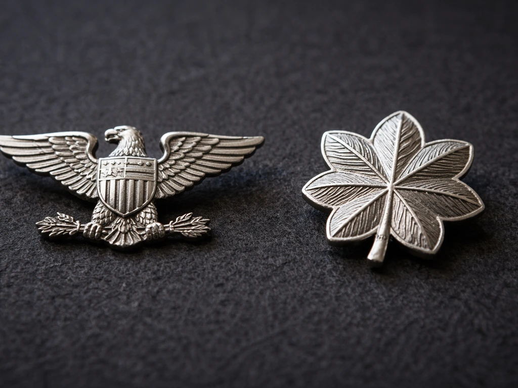 Two rank insignia close-up side-by-side: eagle silhouette (O-6) and oak leaf (O-5) on dark felt.
