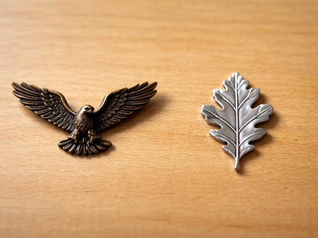 Minimal tabletop view comparing an eagle with spread wings and a silver oak leaf silhouette.