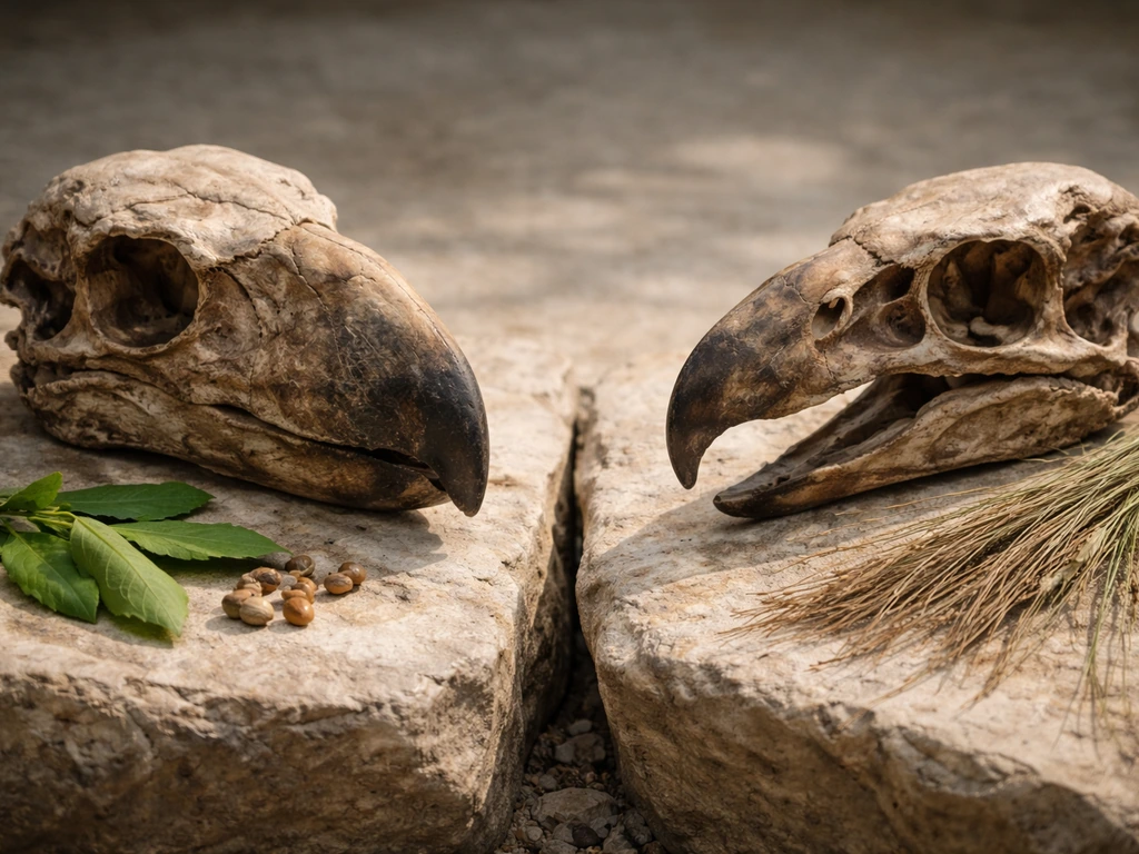 Minimal fossil jaw-beak shapes paired with leaves/seeds vs plants to suggest herbivore- vs predator-leaning feeding.