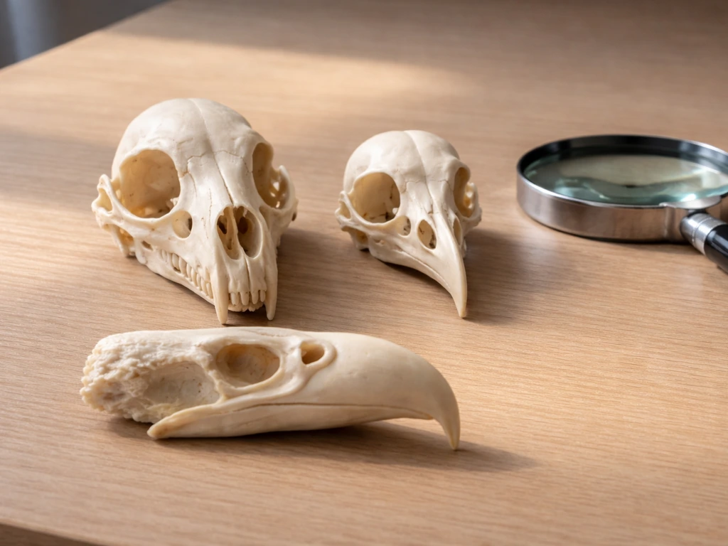 Minimal field-guide style photo of a tabletop checklist with bird skull casts and a hooked beak for comparison