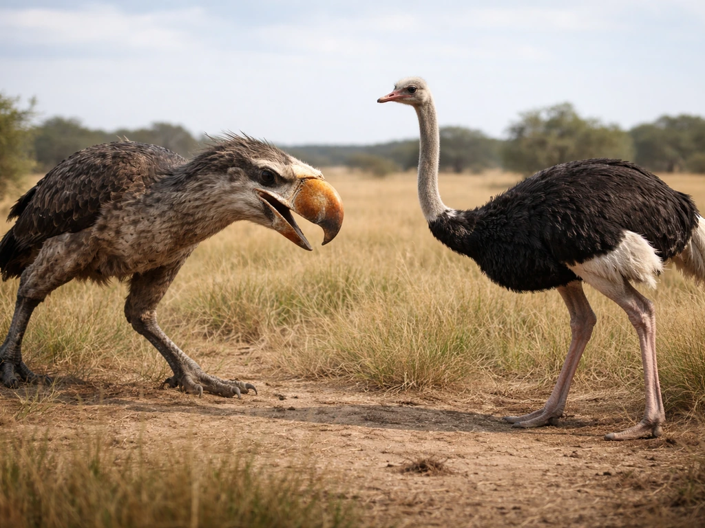 Terror bird and ostrich facing off in a quiet savanna, showing clear size and body differences.