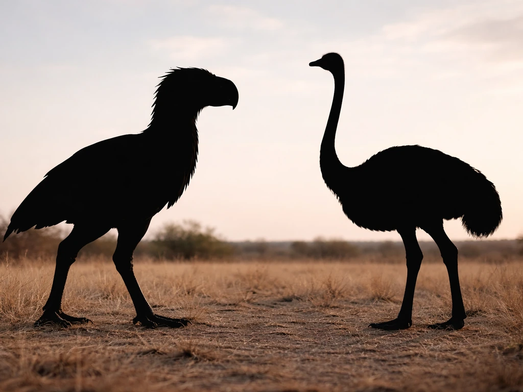 Side-by-side silhouette comparison of a terror-bird-like form versus an ostrich-like bird profile.