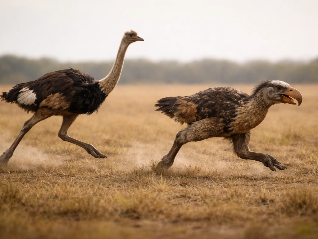 Ostrich-like bird strides long across grass while a terror-bird-like runner shows a lower compact posture.