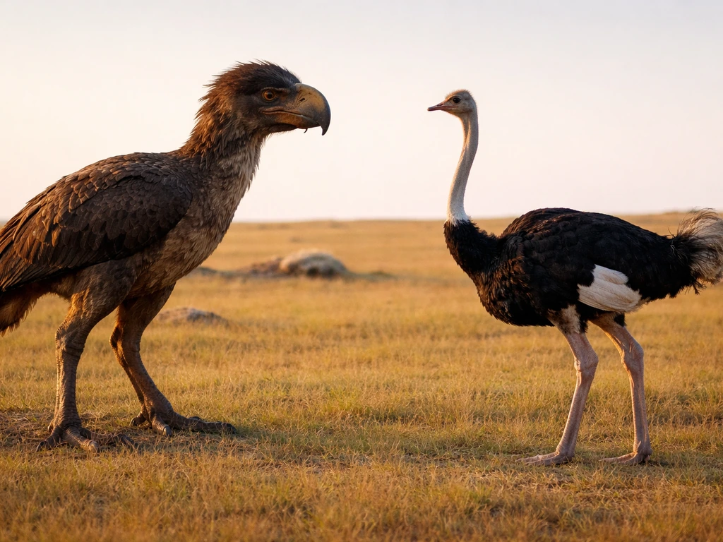 Terror bird and ostrich facing off in open grassland, side-by-side with clear size difference.
