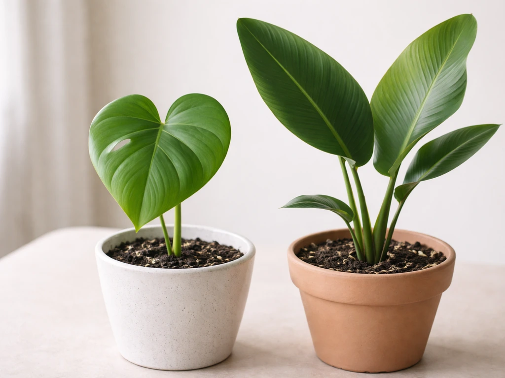 Close-up side-by-side leaves: young Monstera heart-shaped leaf and Bird of Paradise clasping fan leaves