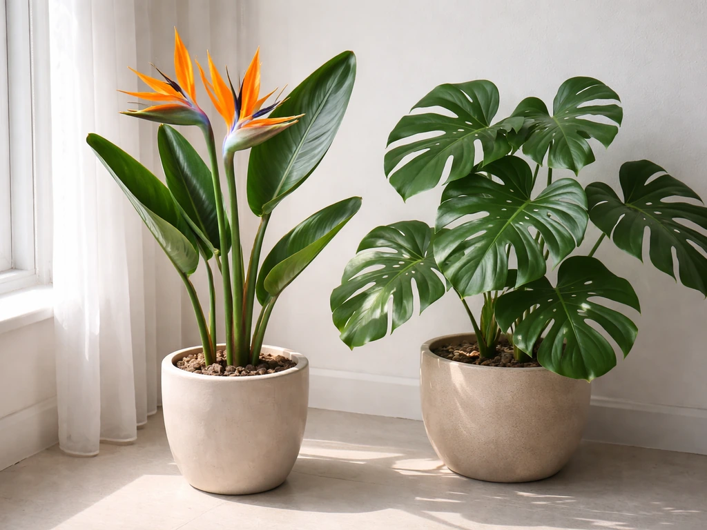 Bird of Paradise blooms and a Monstera in a bright indoor corner, Monstera leaves only.