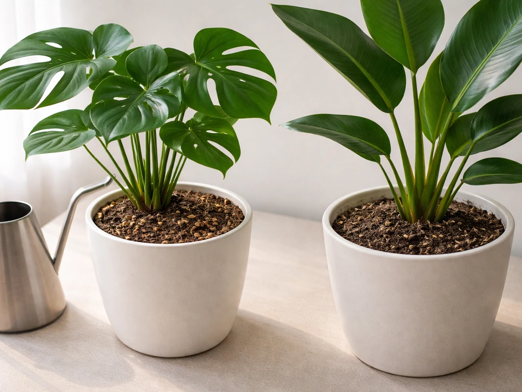 Two potted houseplants: Monstera soil slightly dry and Bird of Paradise soil drier, with a nearby watering can.