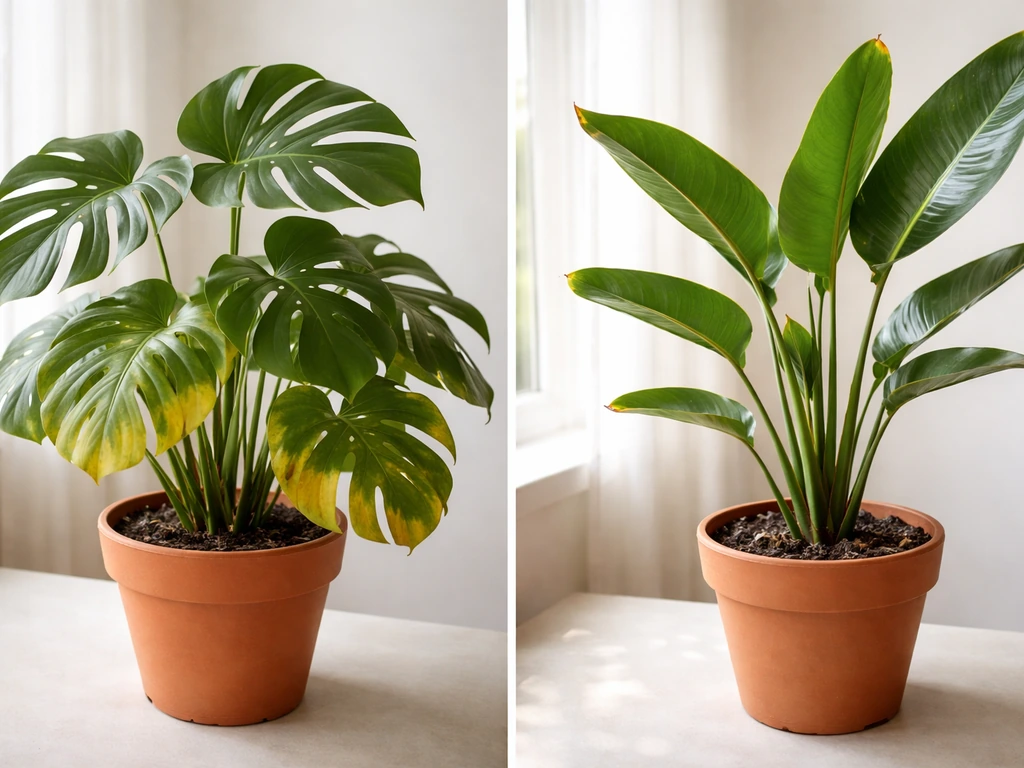 Side-by-side Monstera with yellow leaves and Bird of Paradise with dry browning edges near a window.