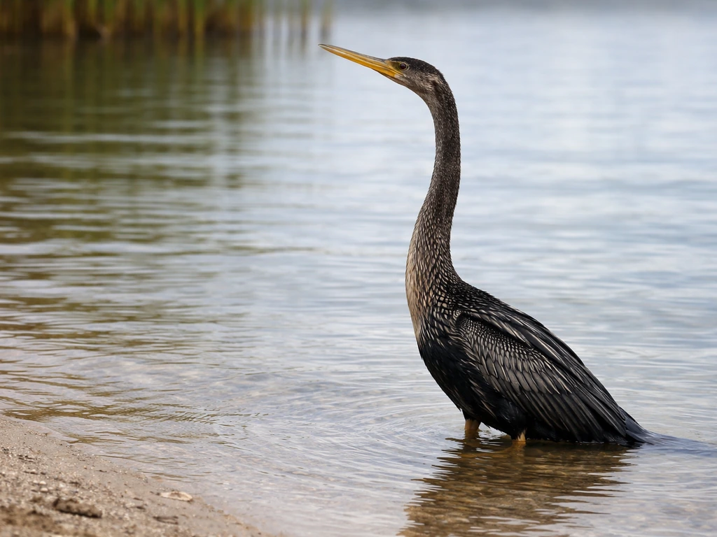 An anhinga snake bird standing in shallow water with long neck and pointed bill by a reed shoreline.