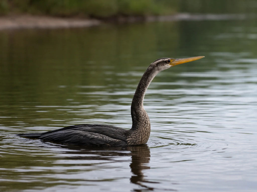 Anhinga partially submerged in water with its long dagger-like bill clearly visible.