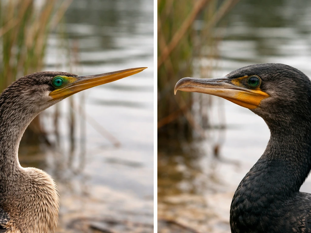 Close-up comparison of anhinga and cormorant heads showing narrow pointed vs broader straight bills.