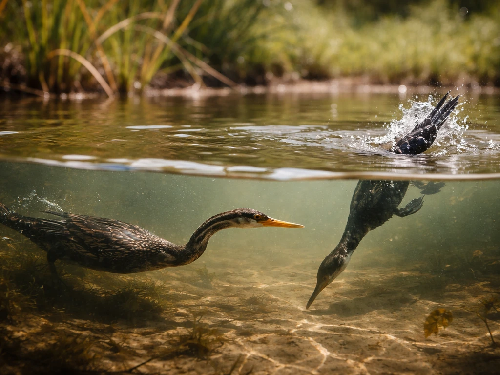 Anhinga stalks underwater while a cormorant dives from the surface in a quiet pond.