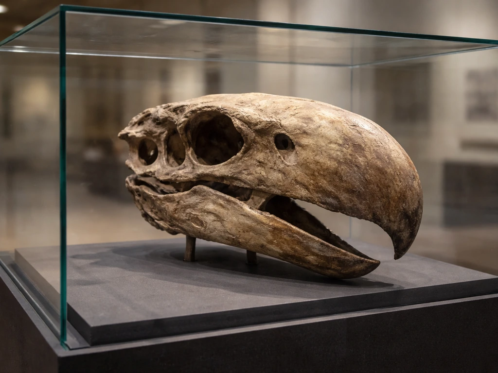 Museum specimen skull of a phorusrhacid “terror bird” on a display stand under soft lights