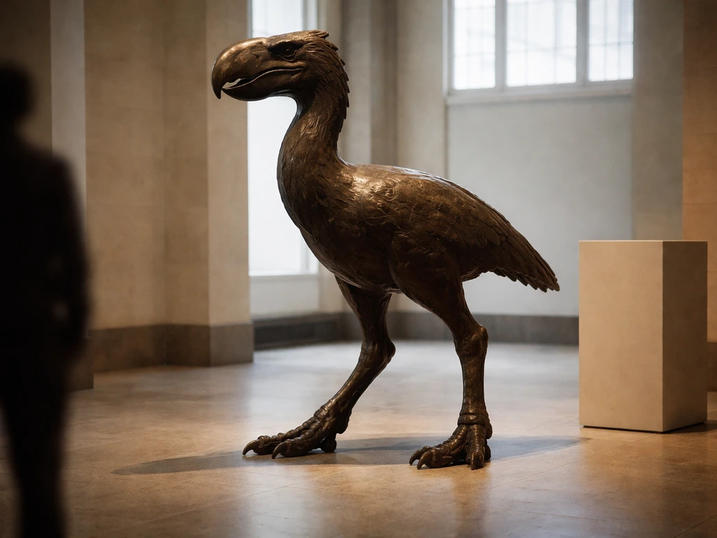 Abstract bronze mount showing a giant long-legged terror-bird build next to a subtle human scale shadow.