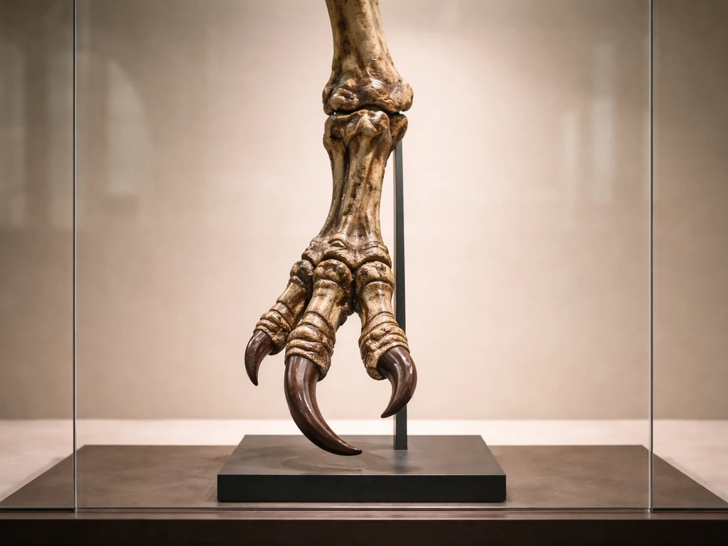 Museum mount showing a reconstructed terror bird hindlimb and large curved claw behind acrylic.