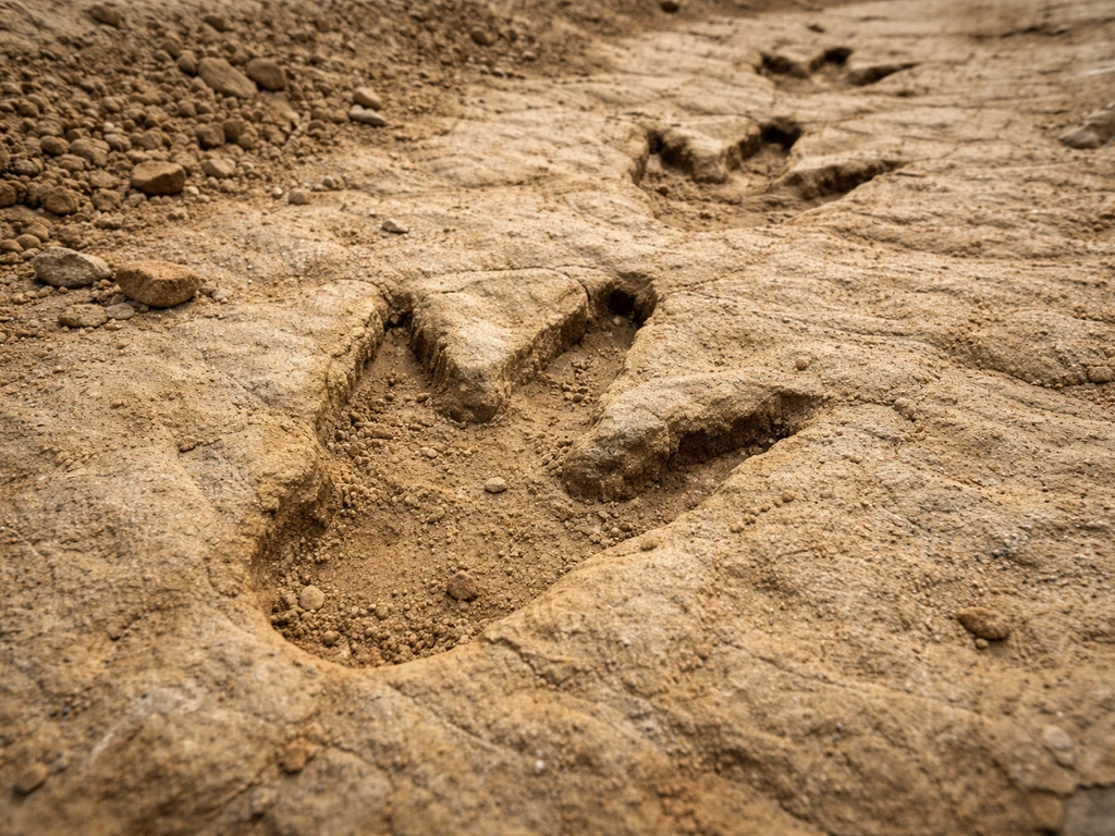 Fossil footprints in ancient soil with fine sediment around, suggesting phorusrhacid movement in South America.