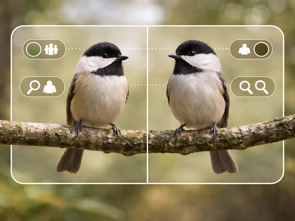 Two lookalike birds perched close together in a simple outdoor setting with a feature-highlight chart overlay