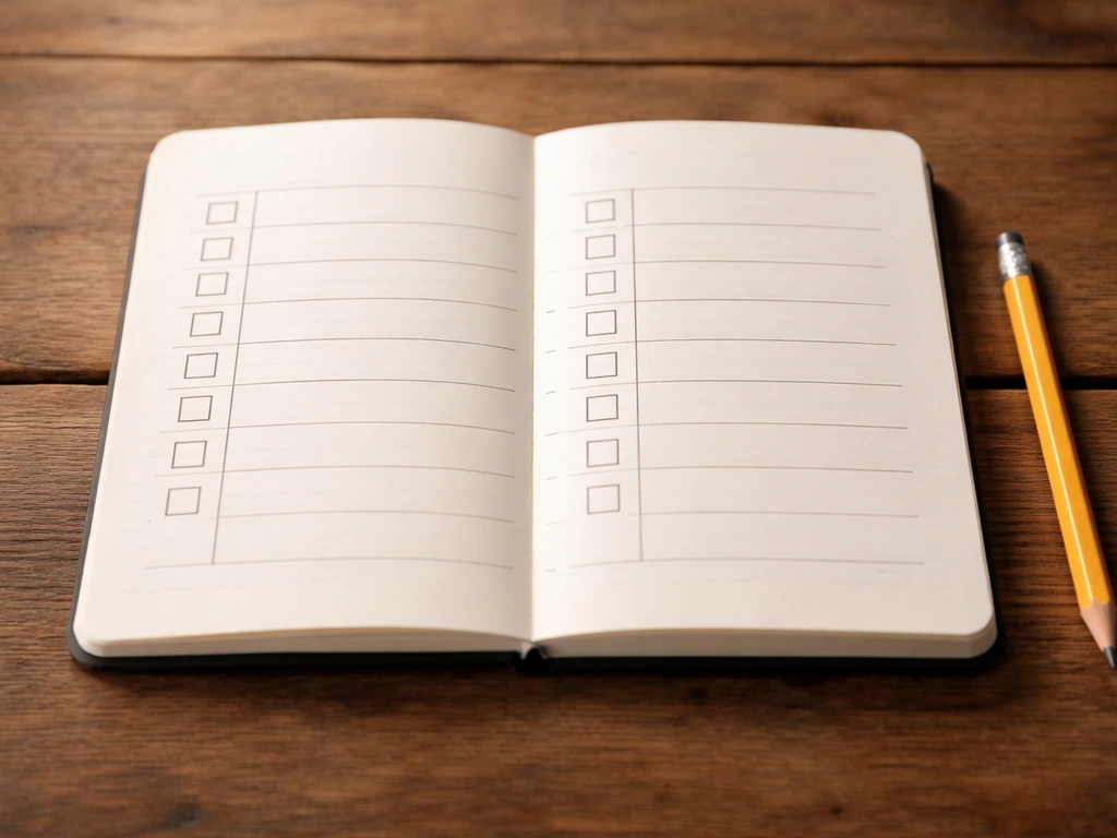 Close-up of a blank bird comparison chart with two columns and empty checkboxes on a wooden table.