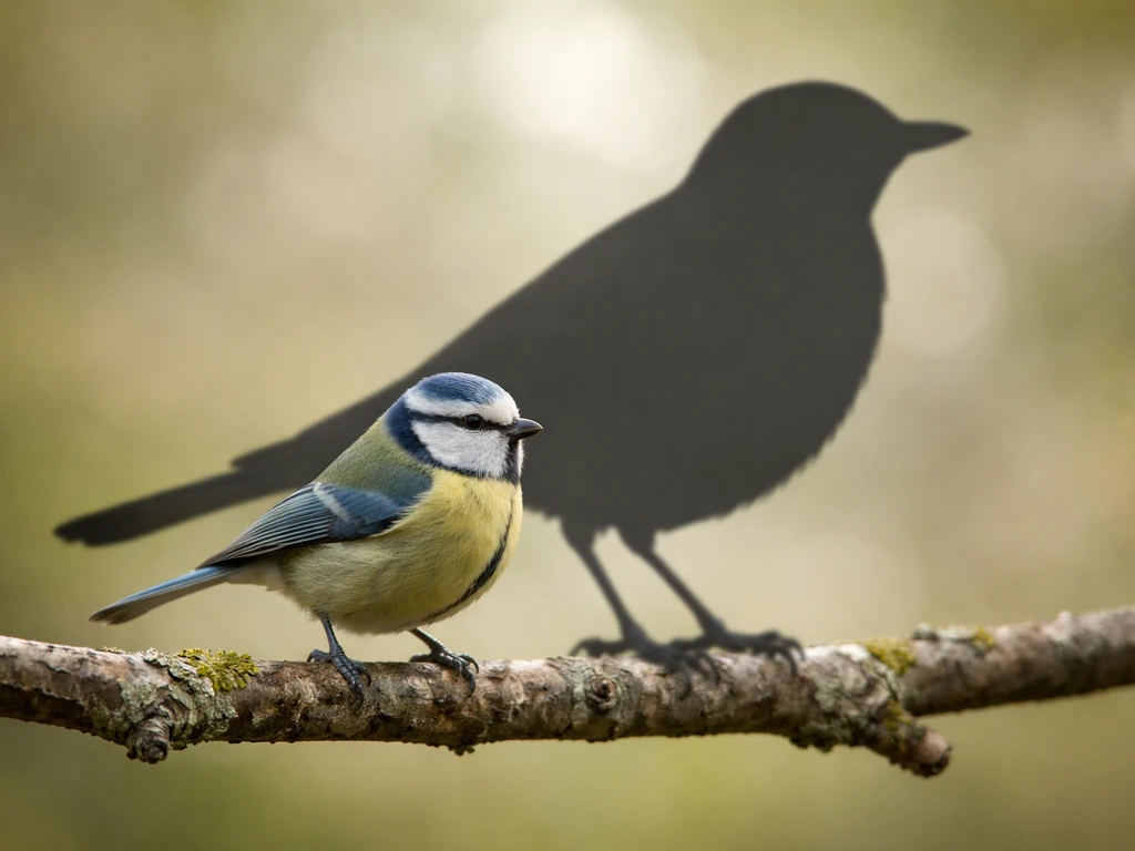 Side-profile view of one small bird on a branch with a simple robin/crow silhouette behind for size scale.