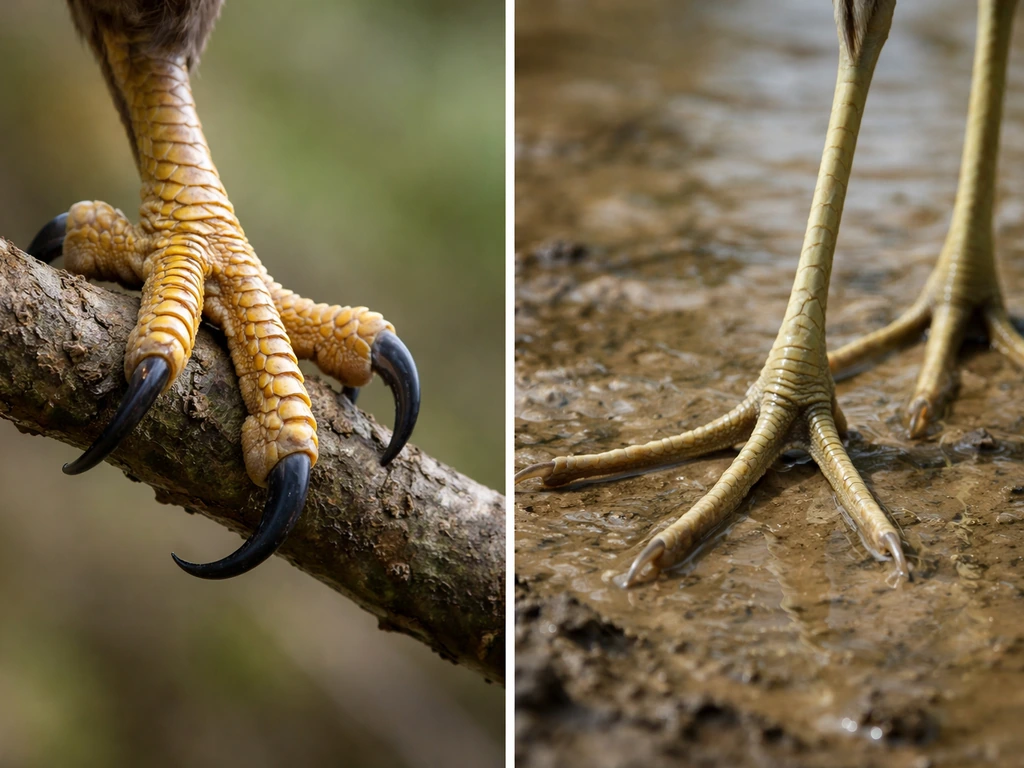 Side-by-side close view of raptor talons and a wading bird’s long toes gripping and balancing on different substrates.