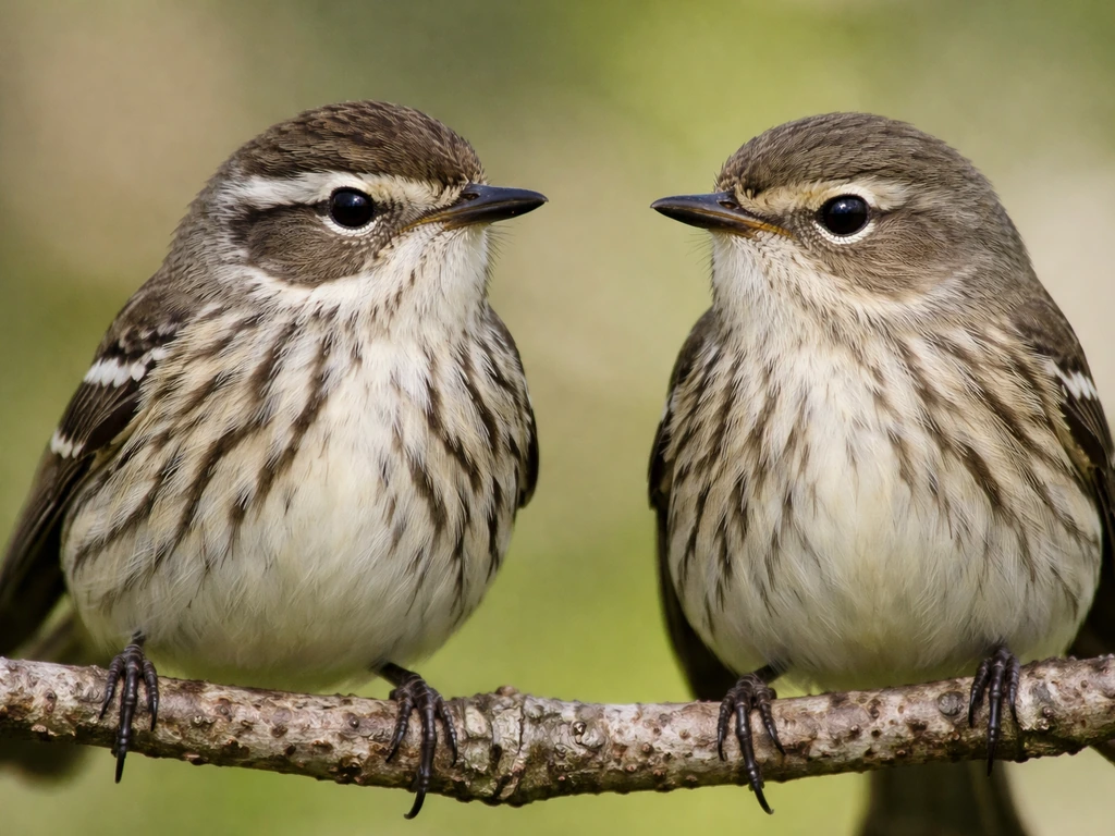 Two perched songbirds side-by-side showing contrasting cap, eye ring, wingbars, and breast streaking.