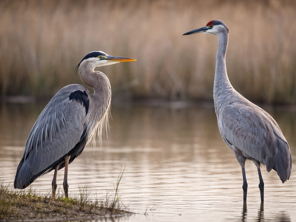 Side-by-side heron and crane in a quiet wetland, neck posture clearly visible in flight.