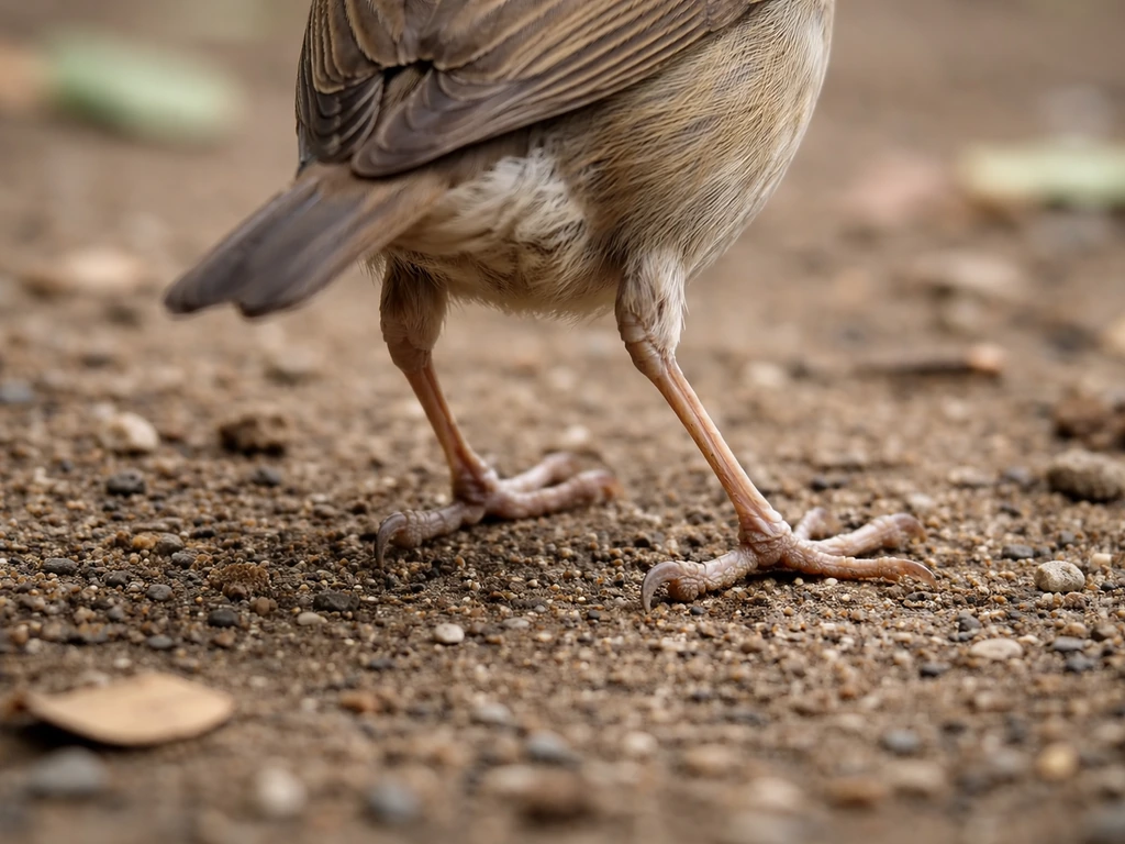 Ground-level view of a bird’s fused hip area with typical hind-limb alignment and feet on natural soil