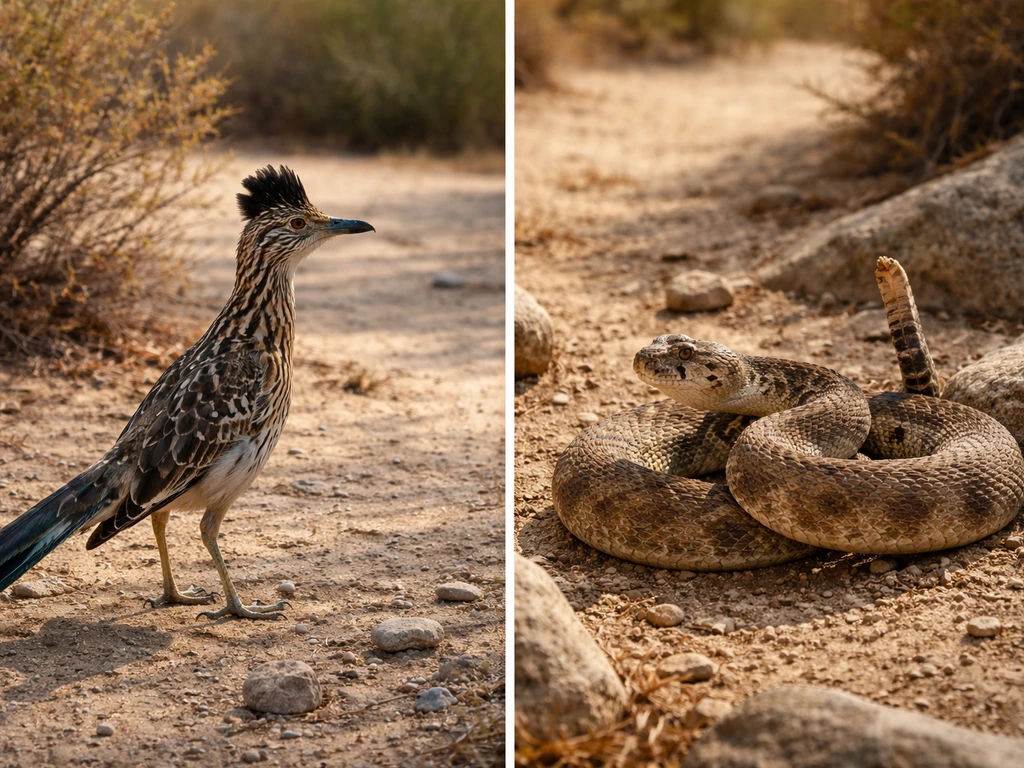Split scene of a greater roadrunner on one side and a rattlesnake on the other in a desert-edge setting.