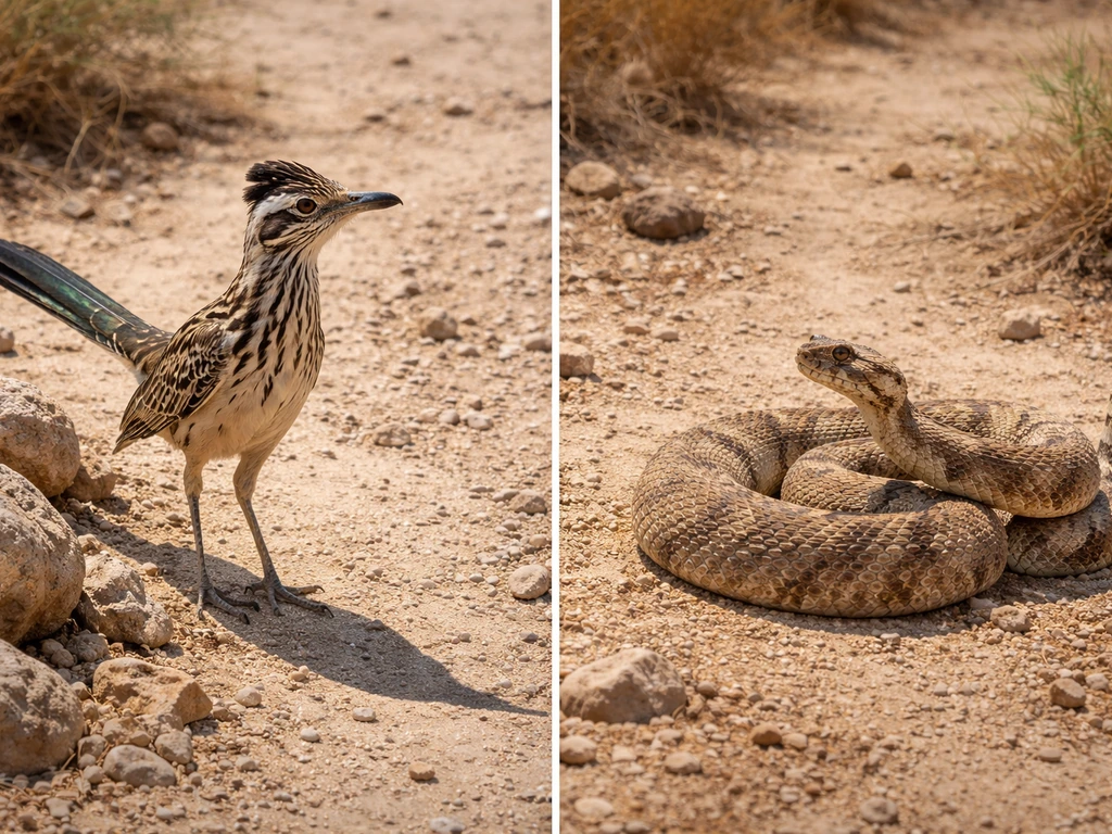 Close-up field view contrasting a roadrunner-like bird and a snake for quick identification.