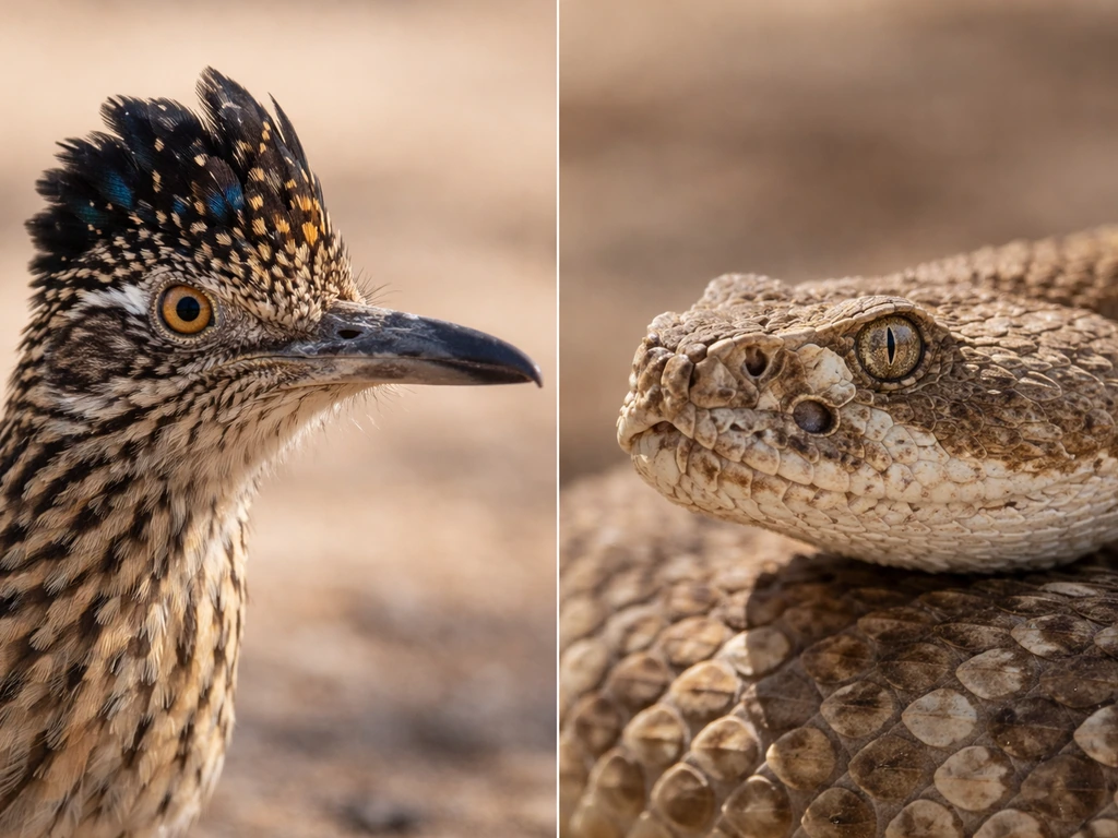 Close-up of roadrunner’s flat head and long bill beside a rattlesnake’s scaled triangular face.