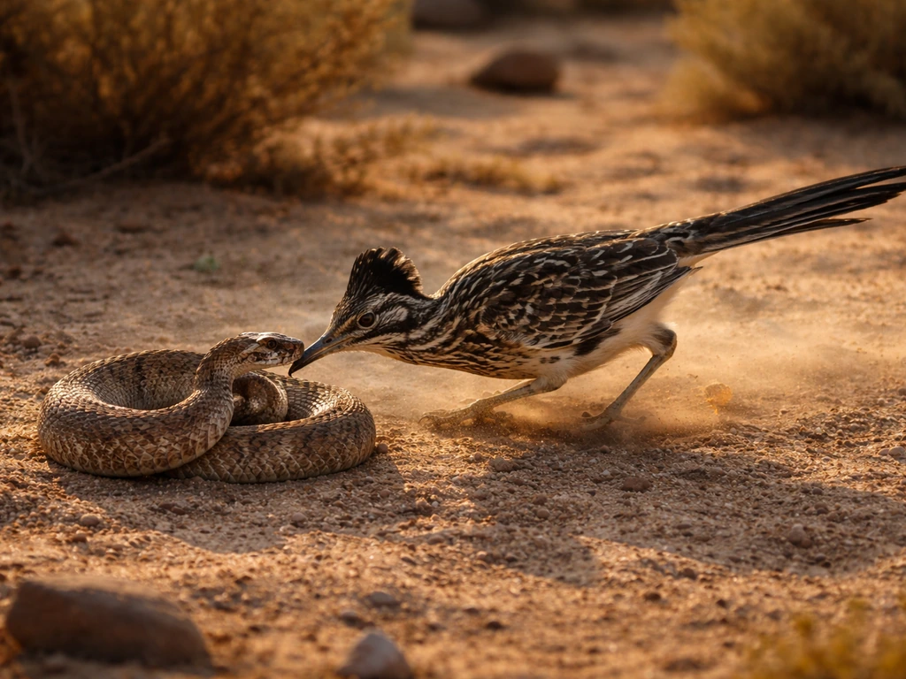 Greater roadrunner lunges near a non-graphic rattlesnake in a desert, showing speed and control.