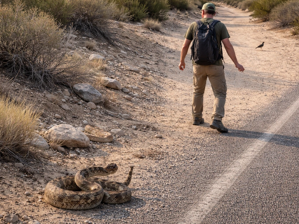 Adult slowly retreats from a visible rattlesnake while a roadrunner walks away in the distance.
