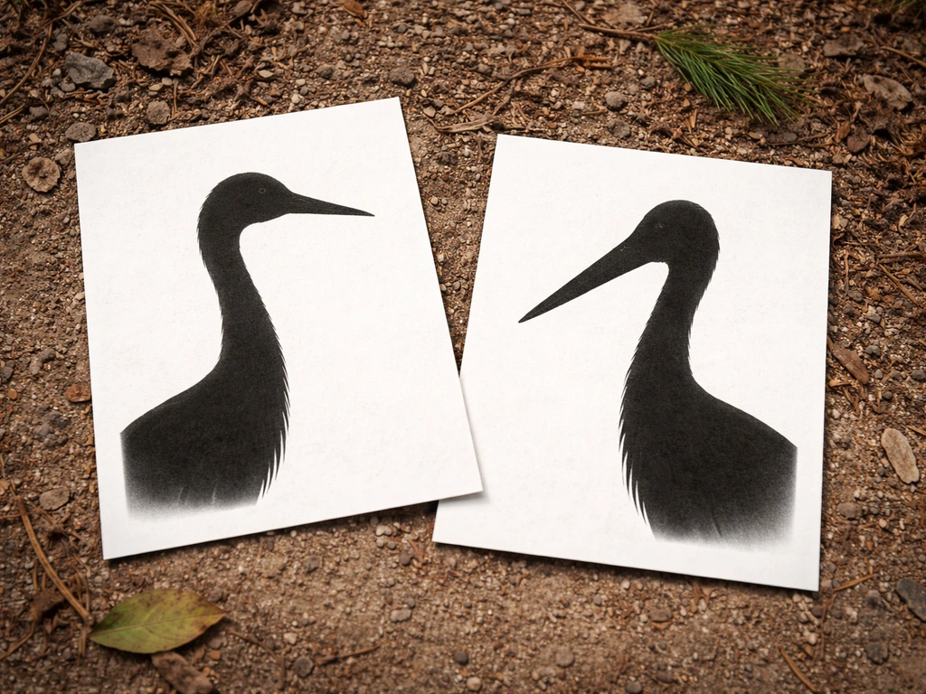 Two side-by-side bird silhouette photos on ground showing crane vs stork ID cues.