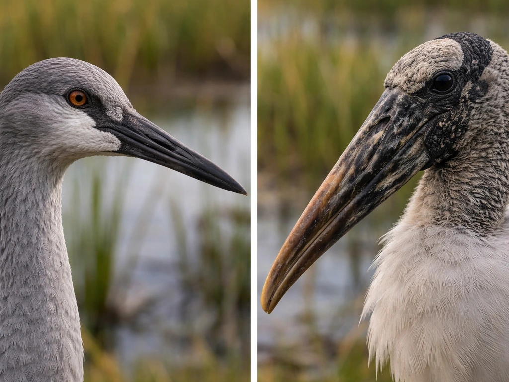 Extreme closeup comparison of a sandhill crane bill and head versus a wood stork bill and upper neck