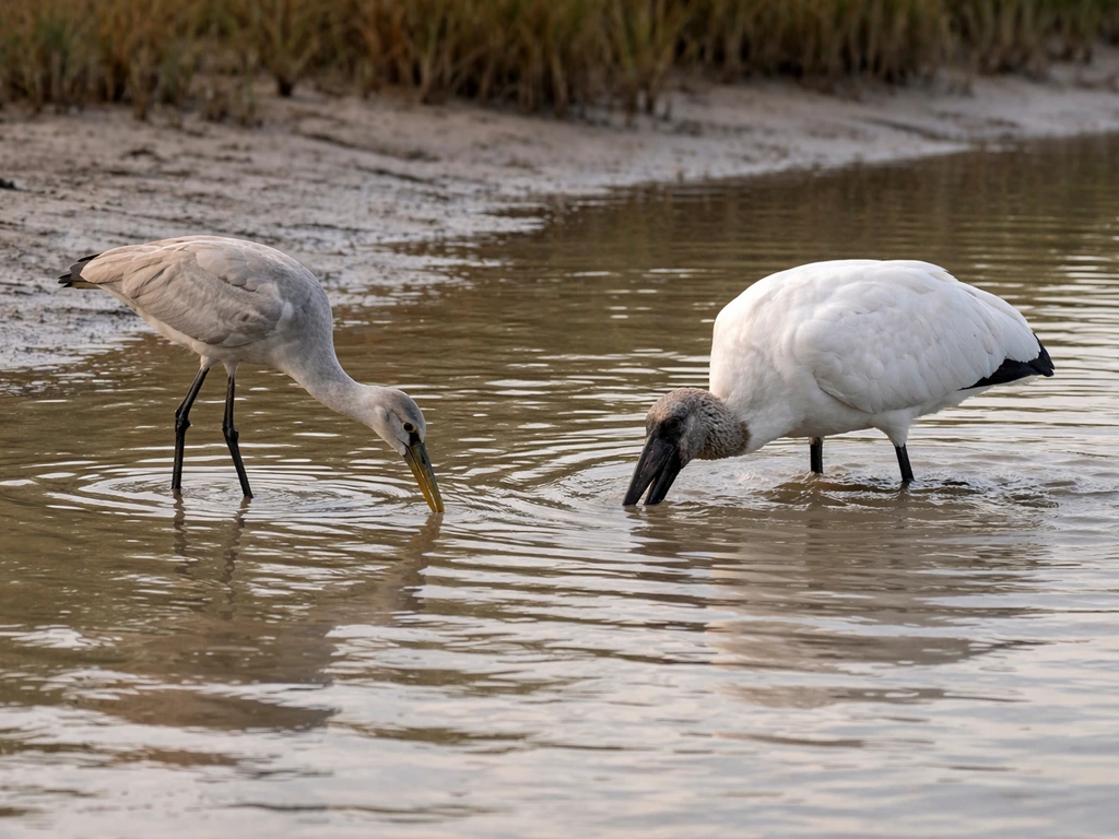 Shallow water shoreline where a long-legged wading bird picks prey while a stork-like bird probes its bill.