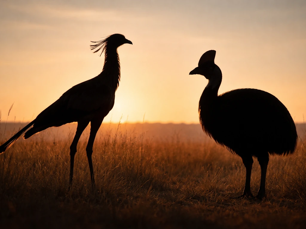 Side-by-side silhouettes of a secretary bird and southern cassowary showing contrasting neck and leg proportions.