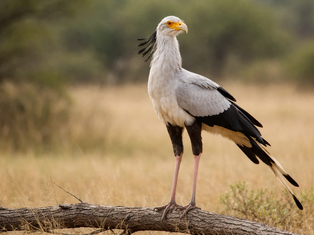 Side view of a secretary bird showing slender body and long legs in a simple savanna setting.