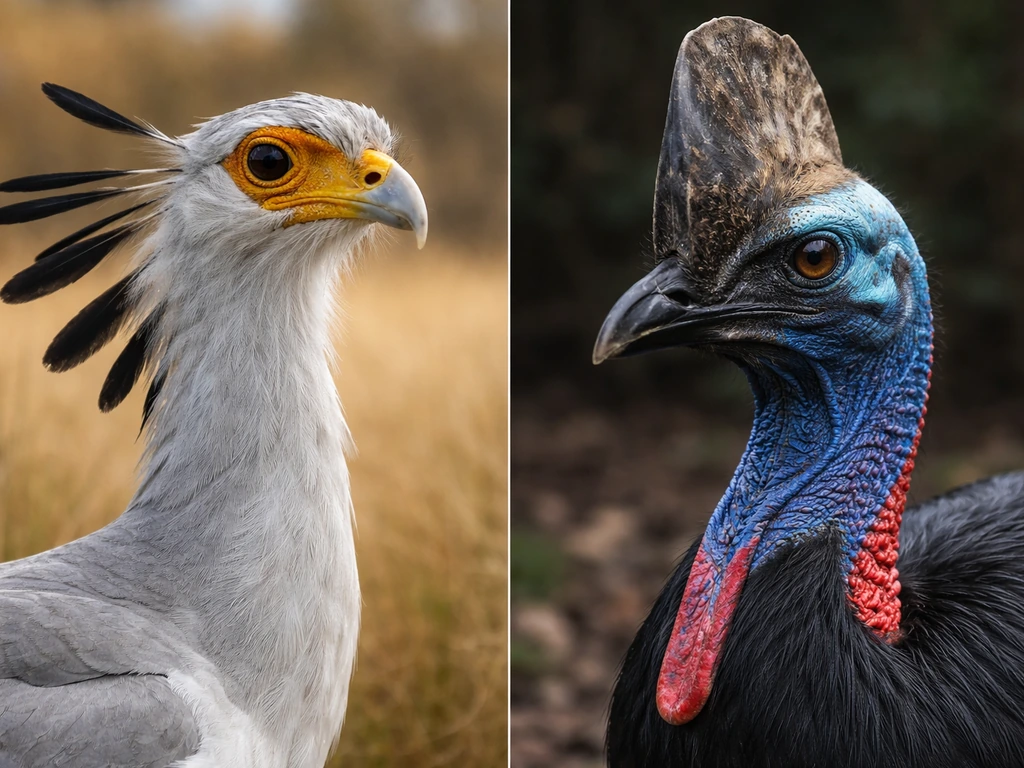 Split closeup of a secretary bird and a southern cassowary highlighting contrasting head, neck, and body shapes.